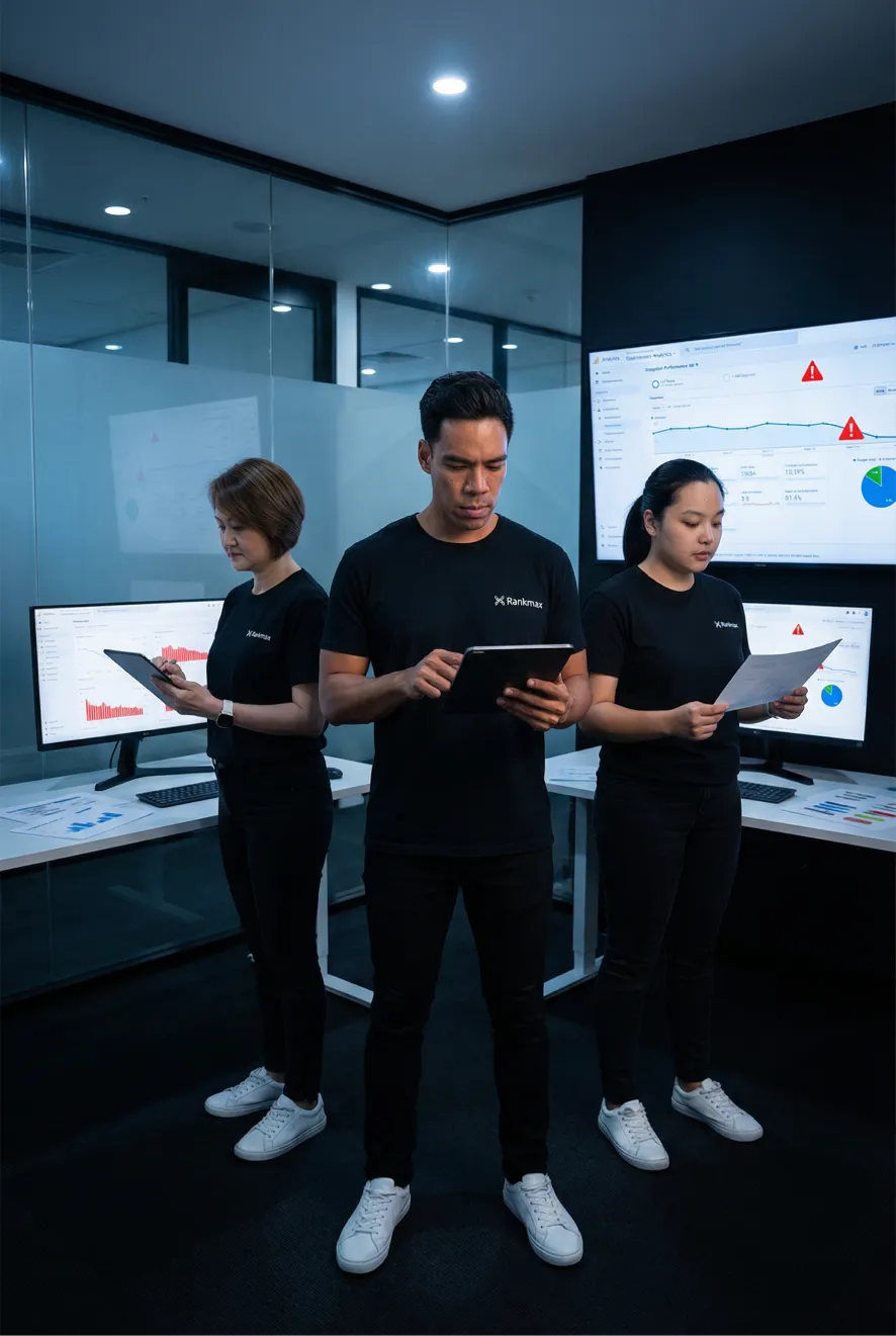Rankmax AI SEO strategy company team analysing search performance data and competitor positioning in modern office environment