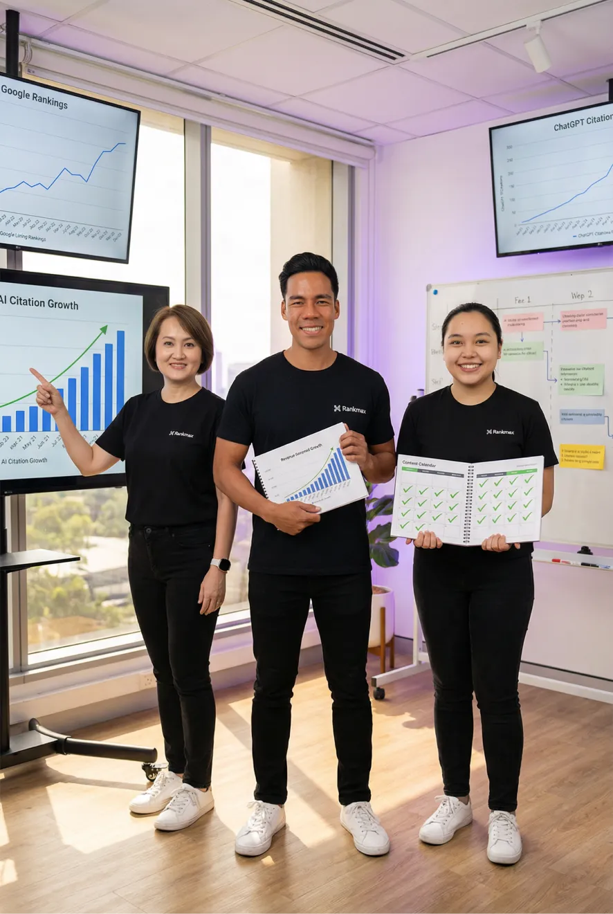 Rankmax team reviewing successful AI SEO strategy campaign results showing revenue growth and AI citation improvements