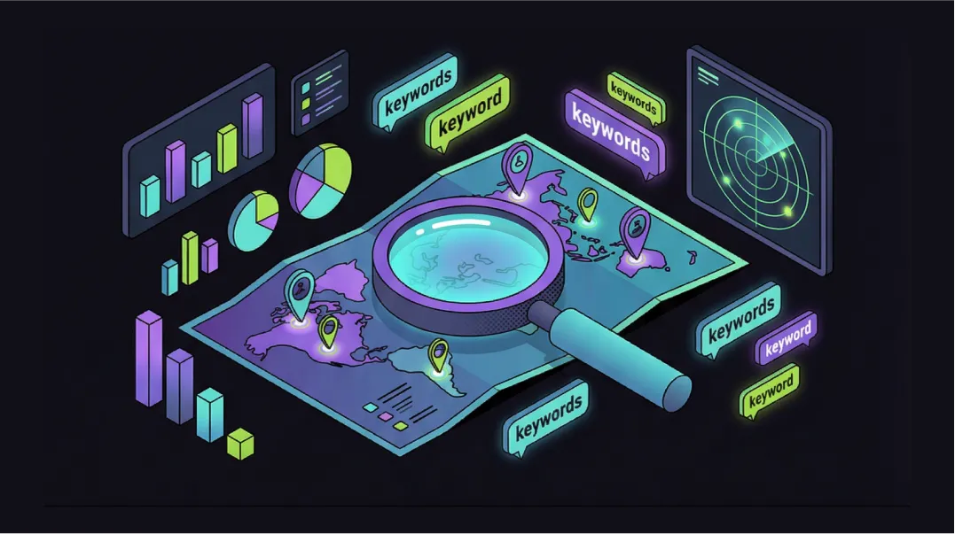 Isometric illustration of market research process with competitor analysis and keyword opportunity mapping.