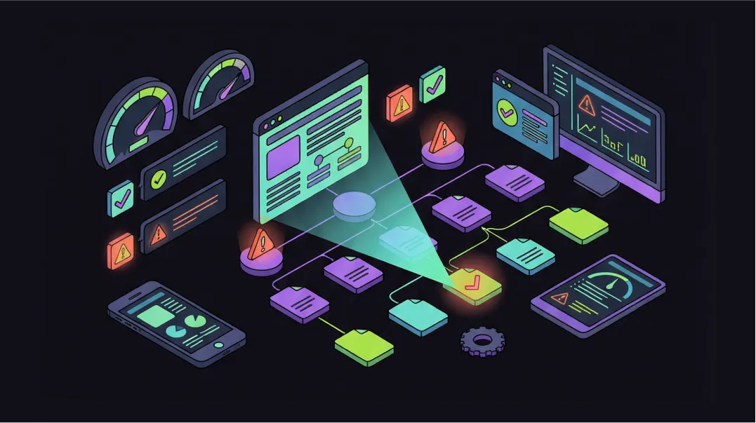 Isometric illustration of technical SEO audit scanning website architecture for performance issues.