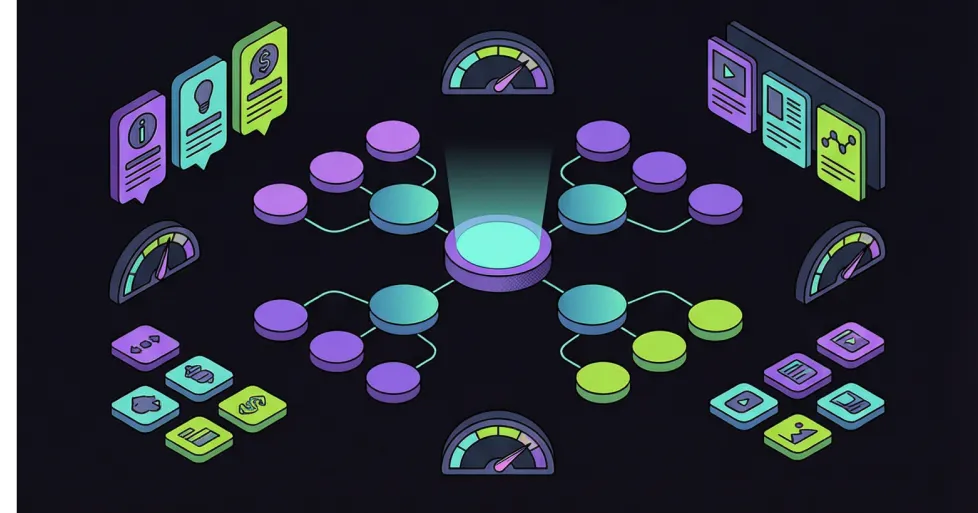 Isometric illustration of topical keyword clustering strategy with hub and spoke content architecture.