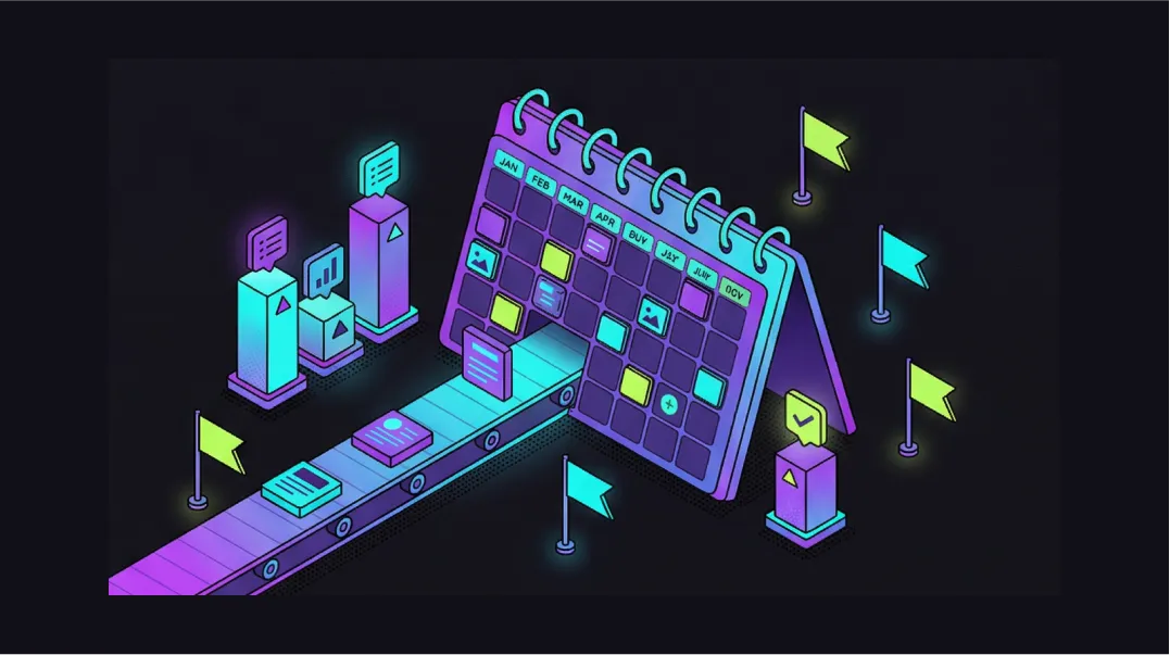 Isometric illustration of a 12-month strategic content calendar with a prioritised publishing schedule.