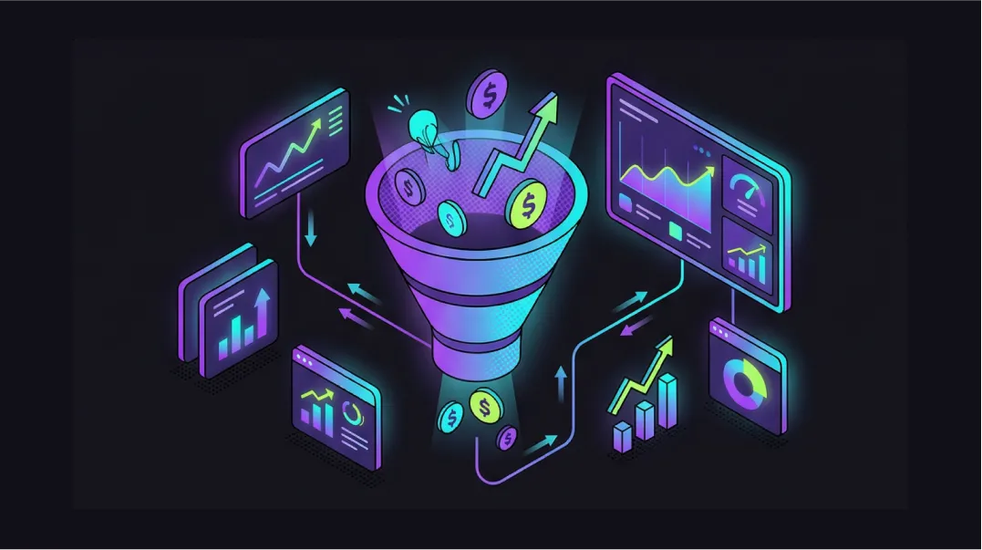 Isometric illustration of revenue attribution funnel connecting organic traffic to business outcomes.