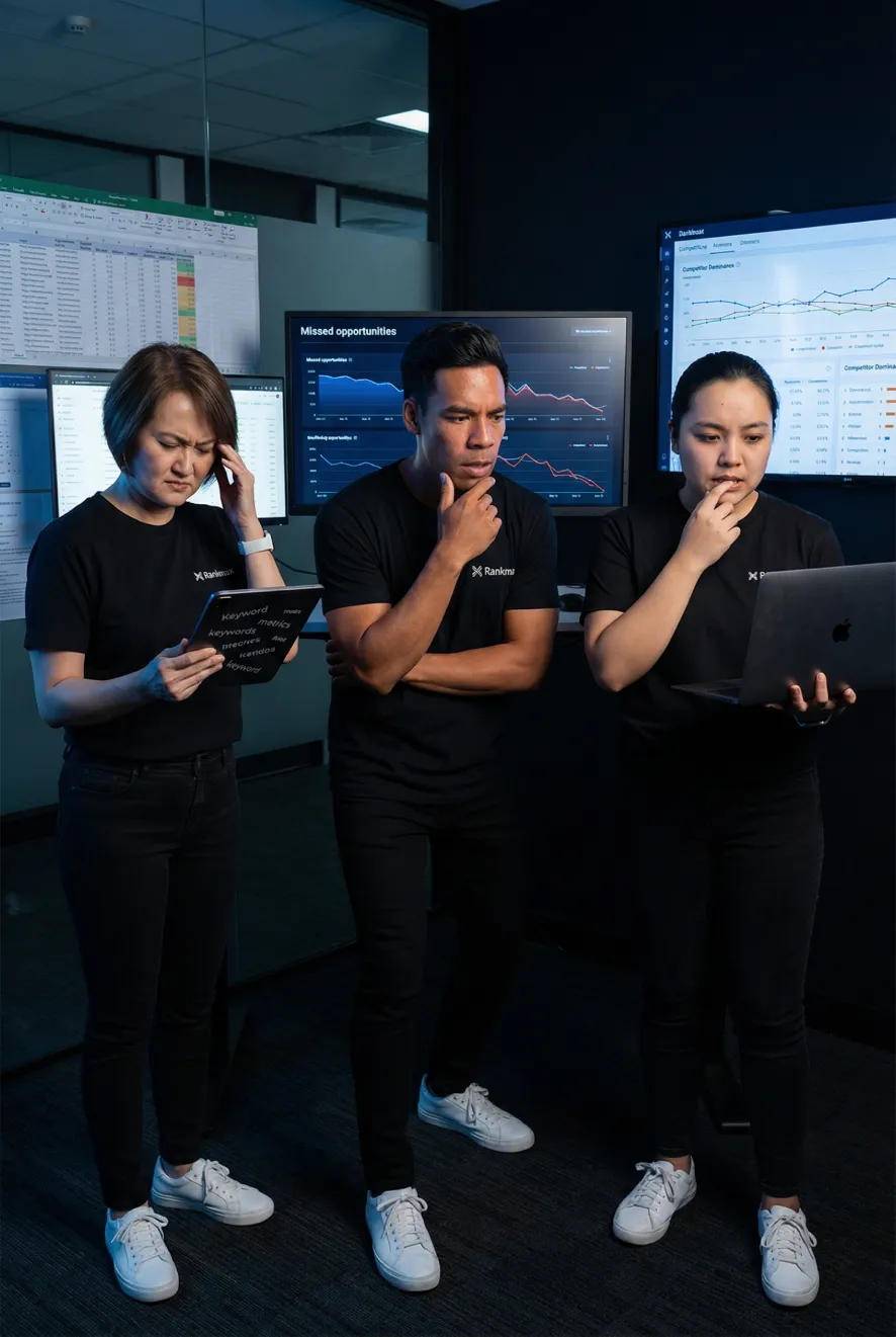 Rankmax team analysing keyword research data and competitor metrics in a modern office environment with multiple data displays