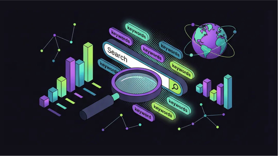 Isometric illustration of market keyword analysis showing search data examination and volume metrics.