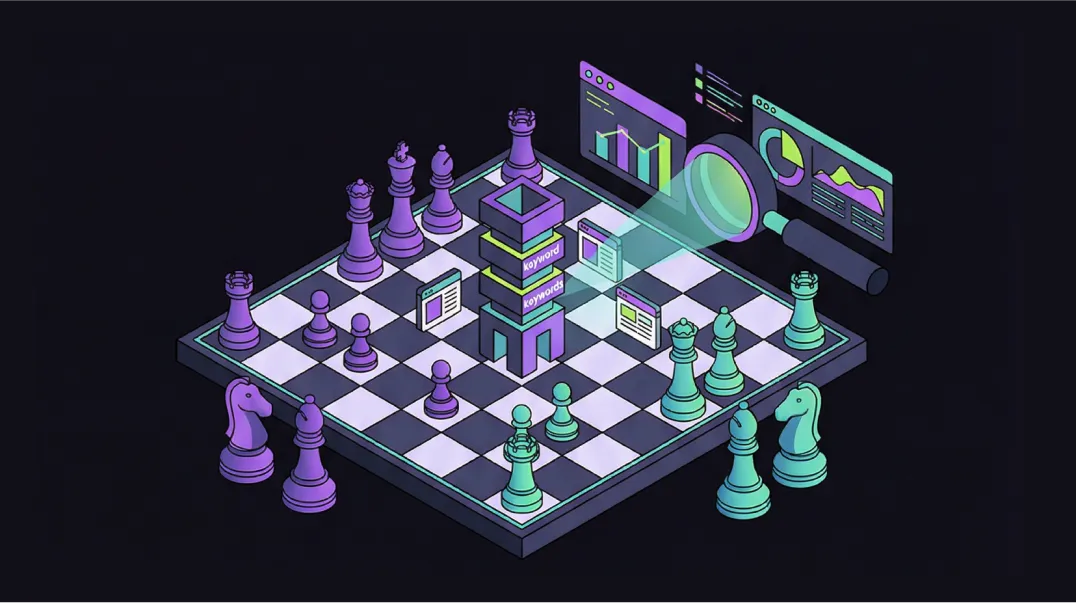Isometric illustration of competitive keyword analysis revealing strategic gaps and opportunities.