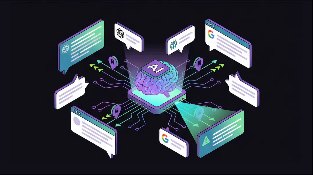 Isometric illustration of AI platform keyword analysis across ChatGPT Perplexity and Google.