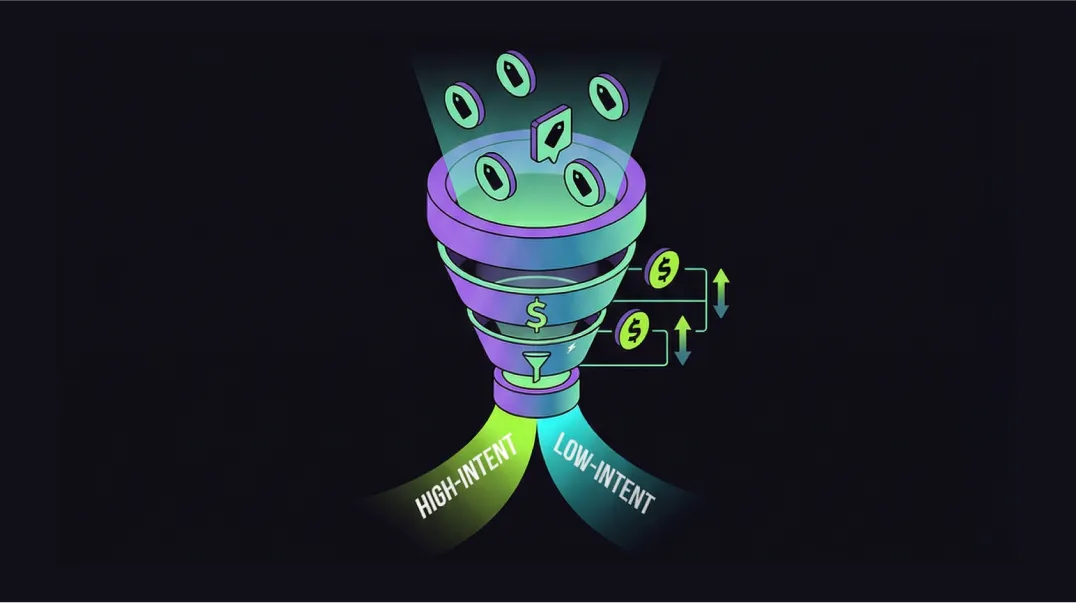 Isometric illustration of keyword intent scoring funnel filtering high-conversion opportunities.