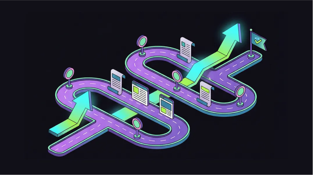 Isometric illustration of a 12-month content roadmap with milestone markers and growth indicators.