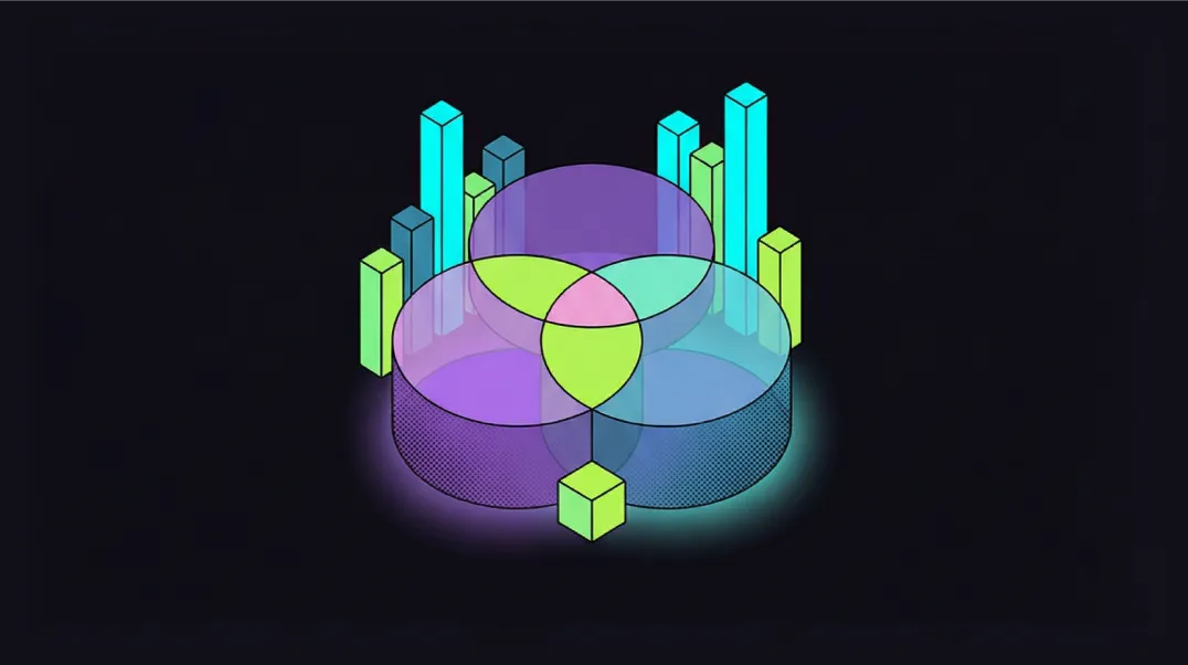 Isometric Venn diagram visualising keyword gap analysis between competitors with highlighted opportunity zones