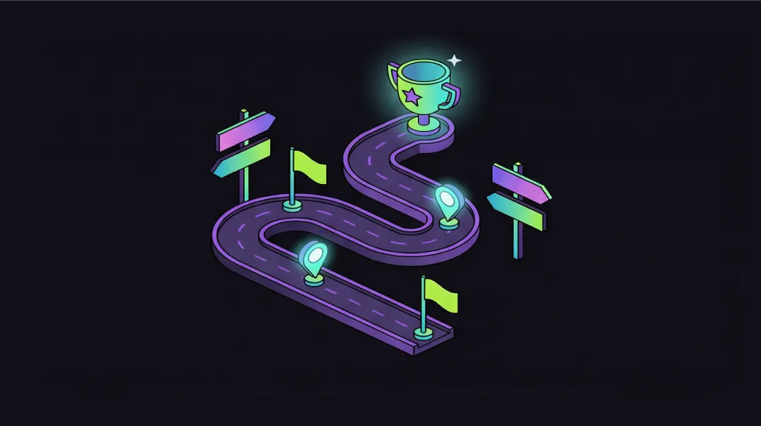 Isometric roadmap path leading to the success summit representing strategic SEO competitor recommendations.