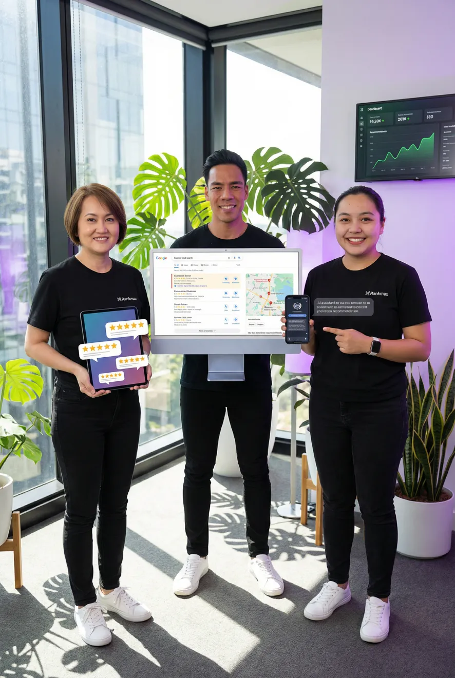 Rankmax team celebrating local SEO success with client ranking first in Google local pack and receiving AI assistant recommendations.
