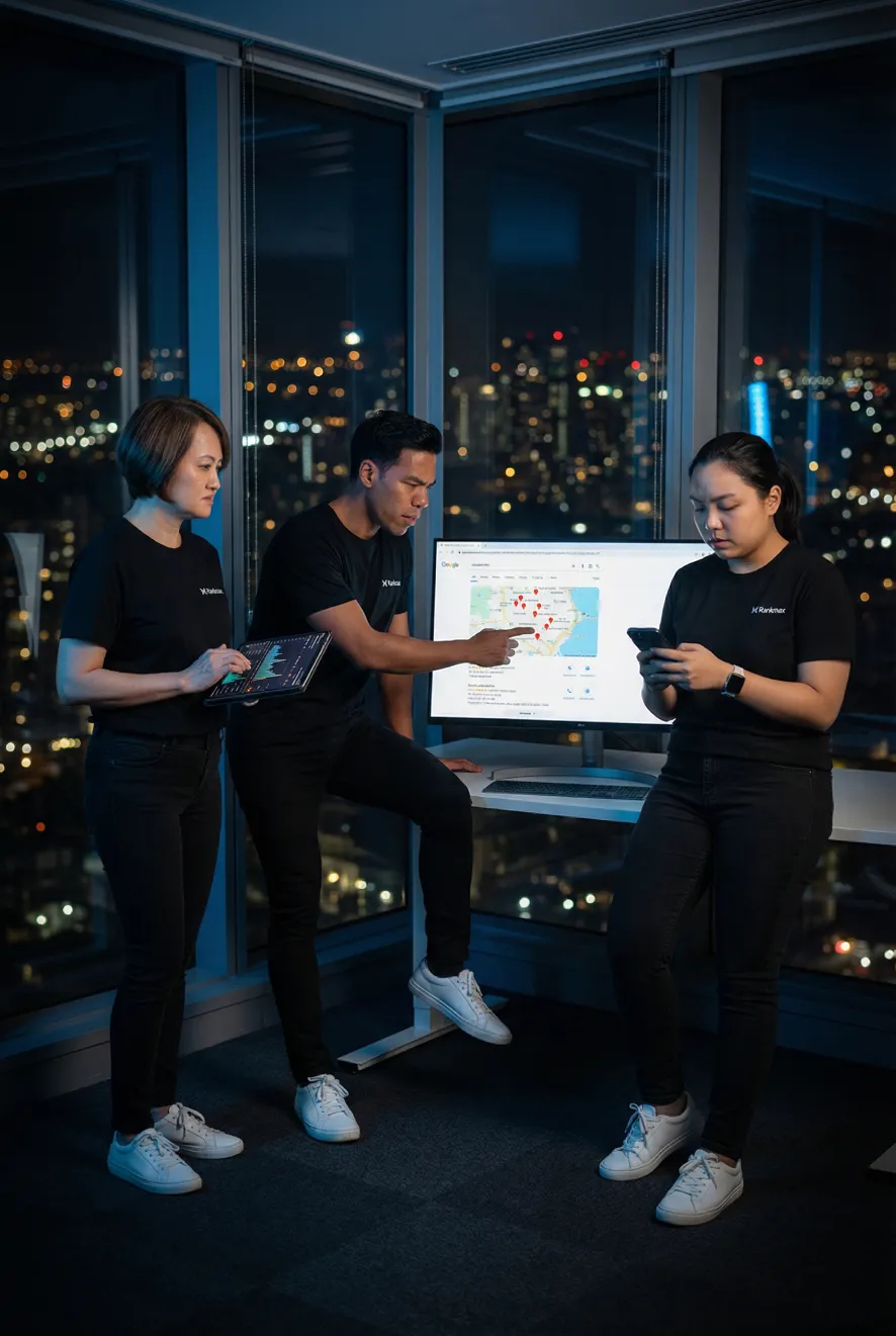 Rankmax team analysing local search results and competitor visibility in Google Maps, reviewing citation data and AI recommendation gaps.