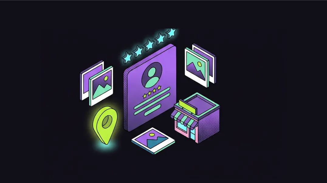 sometric illustration of Google Business Profile optimisation with five-star ratings, photos and location pin for local SEO visibility.