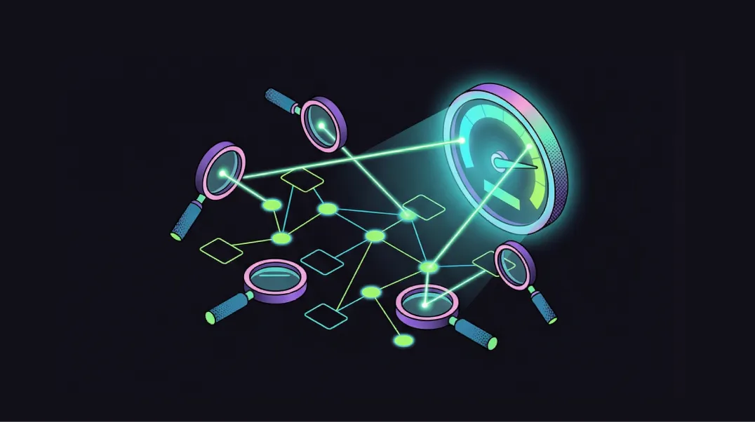 Isometric illustration of enterprise technical SEO diagnostics scanning website architecture with performance optimisation tools