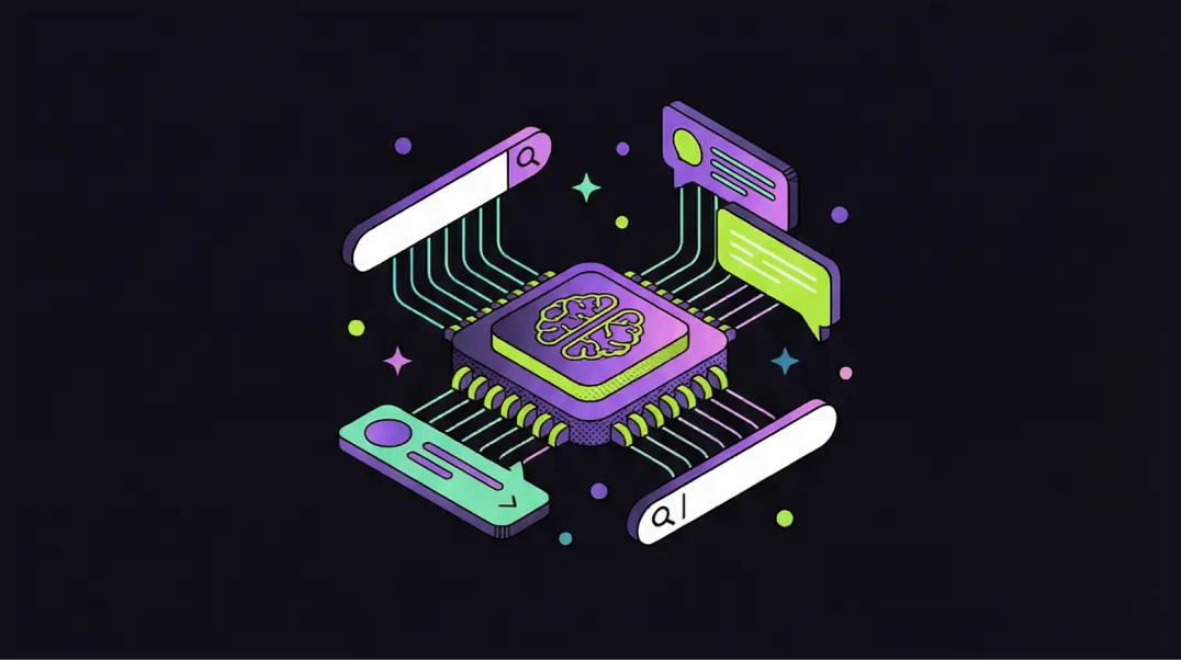 Isometric illustration of AI platform optimisation hub distributing enterprise content to multiple AI search platforms simultaneously.