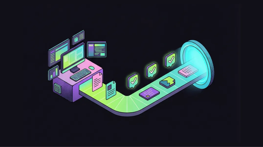 Isometric illustration of a strategic content production workflow showing documents flowing through quality checks into CMS publishing.