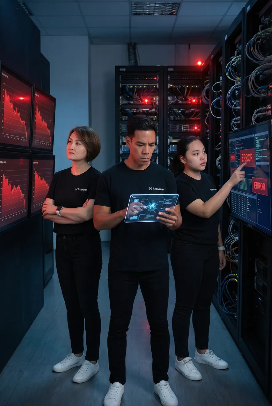 Rankmax enterprise SEO team analysing technical site performance and declining metrics in a server monitoring environment.