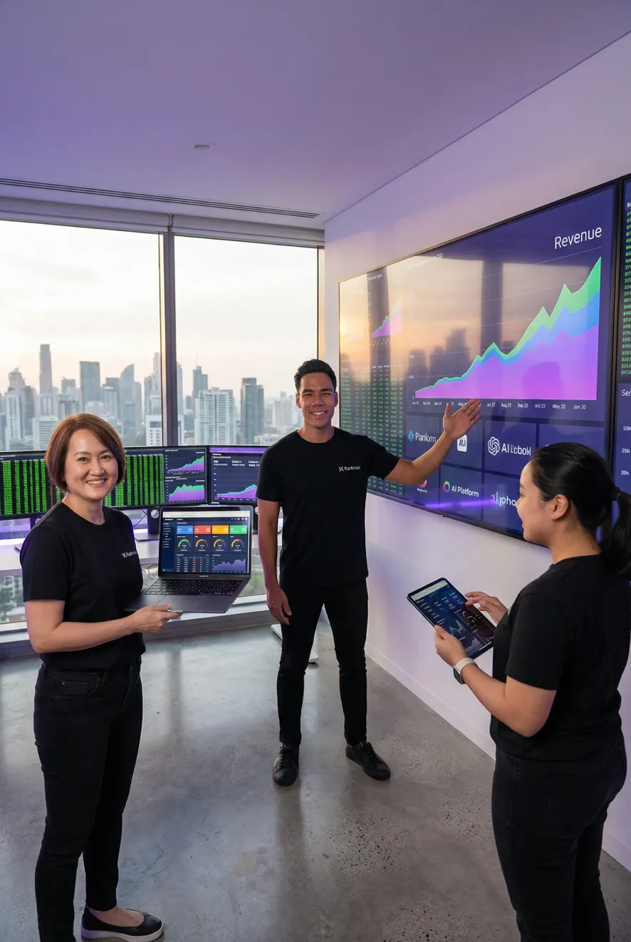 Rankmax enterprise SEO team reviewing AI search performance dashboards showing revenue growth and AI citation tracking results.