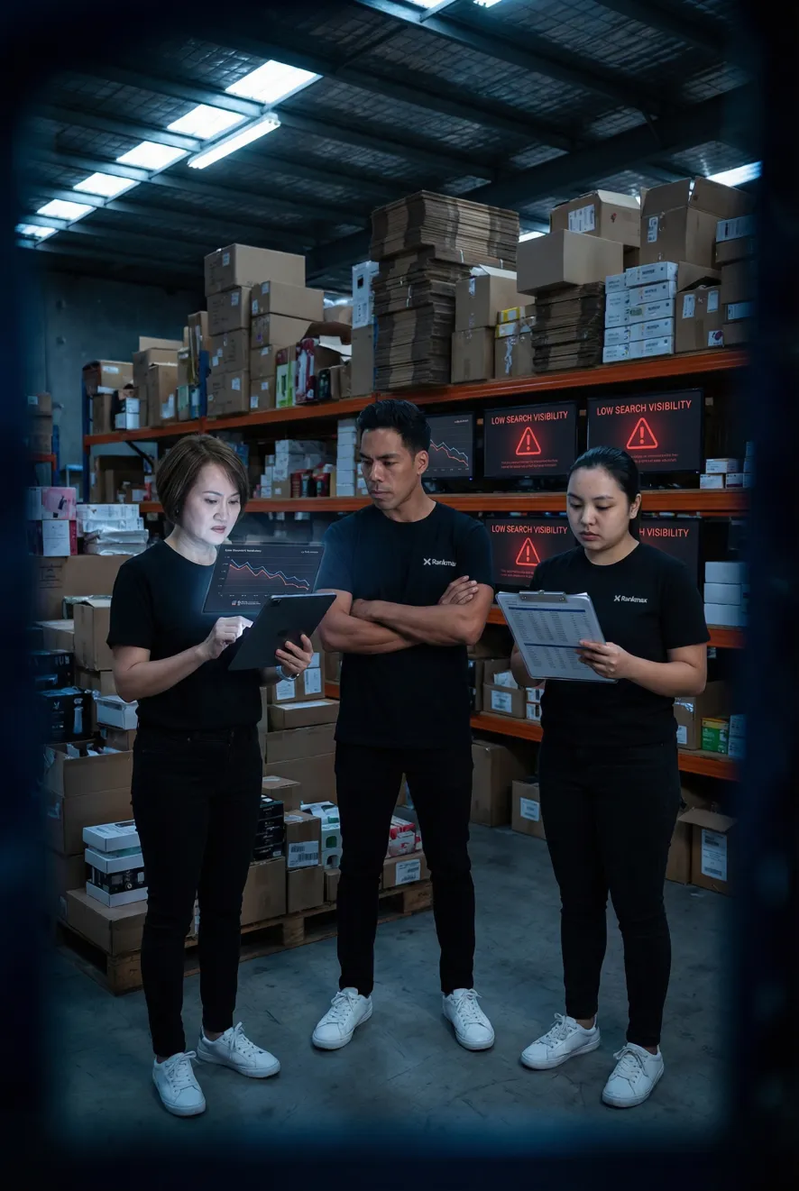 Rankmax eCommerce SEO agency team analysing store performance data in a warehouse setting with declining search metrics on screens.