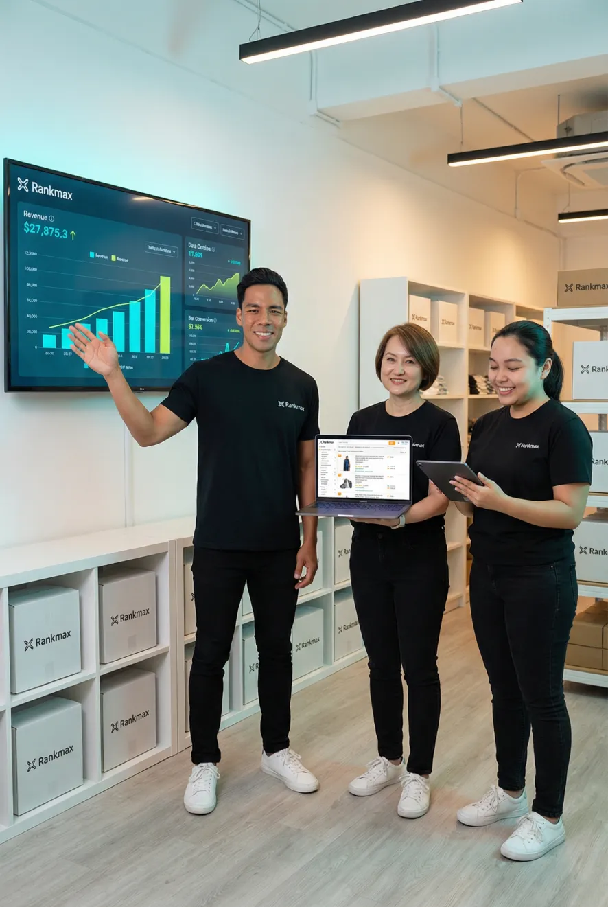 Rankmax eCommerce SEO team reviewing AI search revenue dashboards and product ranking results in a modern fulfilment centre.