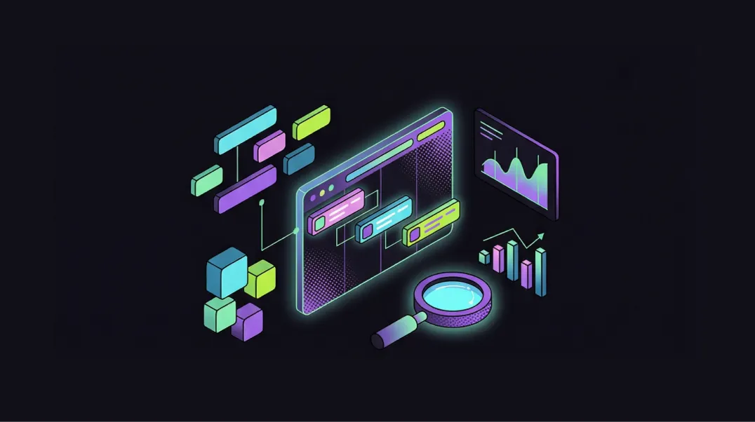 Isometric illustration of an eCommerce SEO strategy command desk with keyword cluster roadmap and competitor analysis elements.