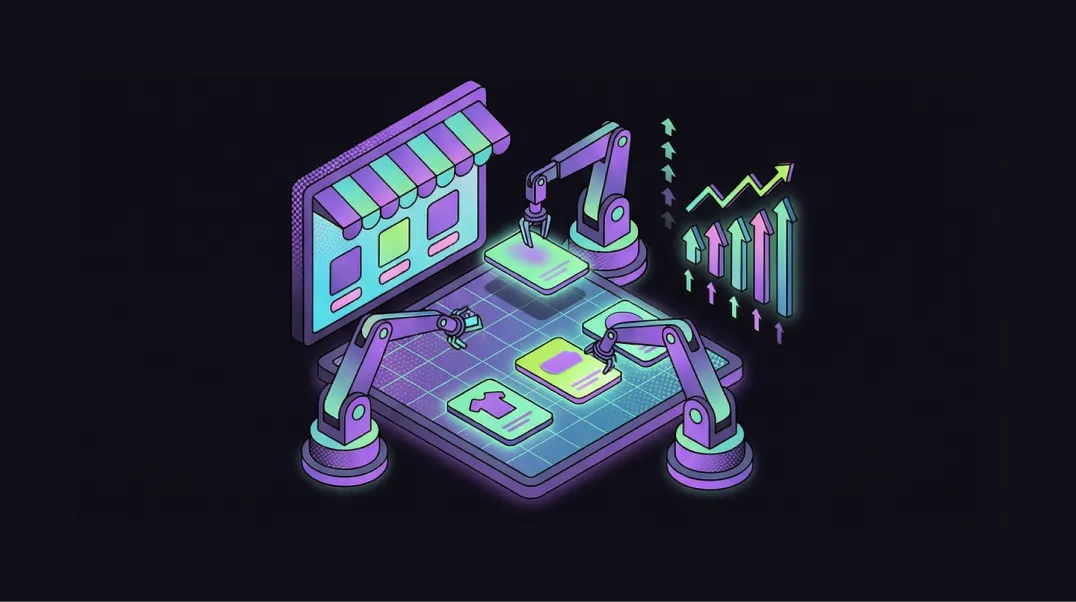 Isometric illustration of eCommerce product pages being optimised with metadata tags and schema markup for search visibility.
