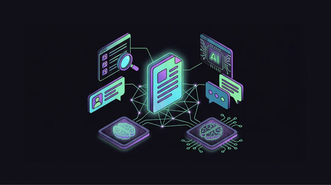 Isometric illustration of content being distributed to Google search results and AI chat platforms with neural network connections.