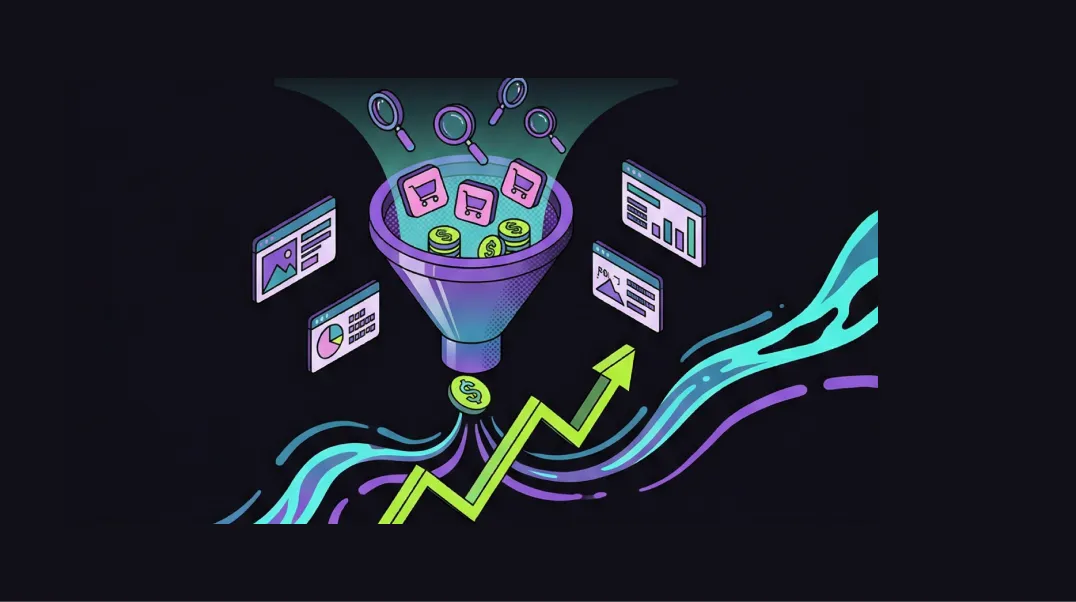 Isometric illustration of a revenue dashboard connecting search queries to product purchases with ROI tracking panels.