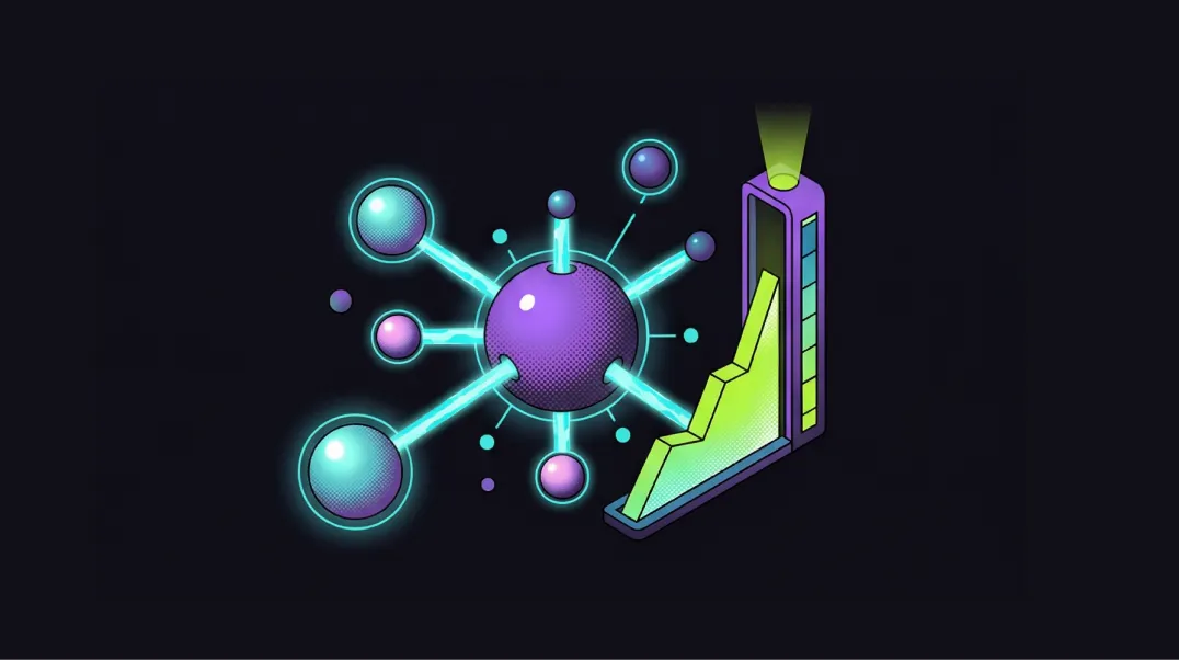 Isometric illustration of a domain node building authority connections to referring domains with domain rating gauge climbing.