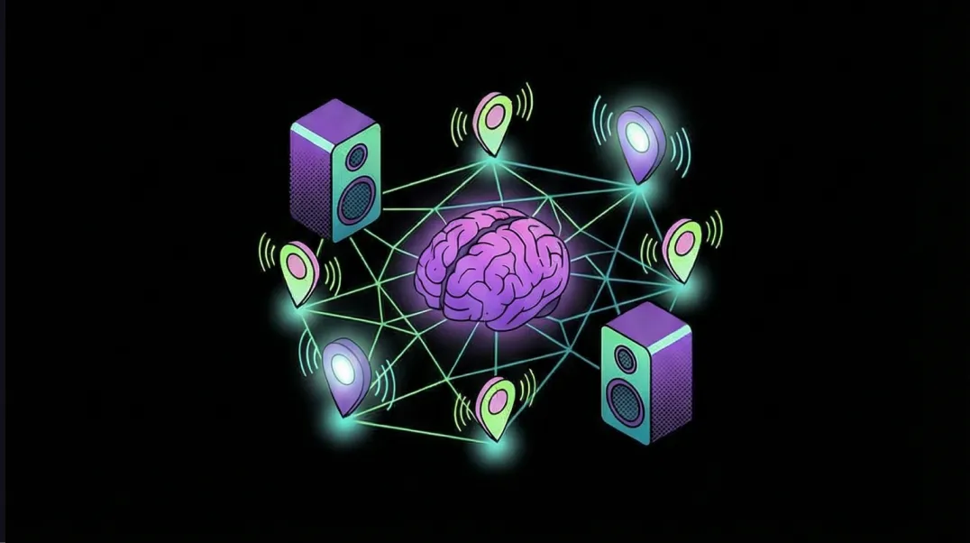 Isometric illustration of AI local visibility with voice assistants, neural network and location-based recommendations