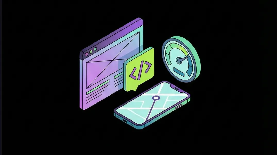 Isometric illustration of technical local SEO showing schema markup, mobile optimisation and site speed performance