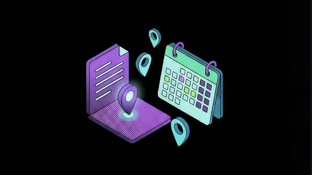  Isometric illustration of local content creation with location-targeted pages, blog posts and seasonal content calendar