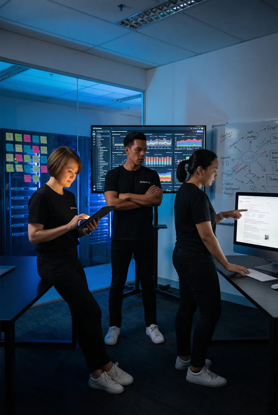 Rankmax SEO agency for SaaS team analysing declining pipeline metrics and AI search visibility gaps in a strategy session. 