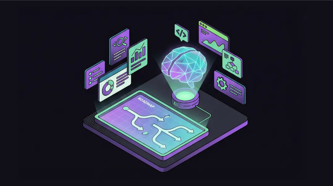 Isometric illustration of an AI SEO strategy roadmap with keyword clusters and competitor analysis for SaaS companies. 