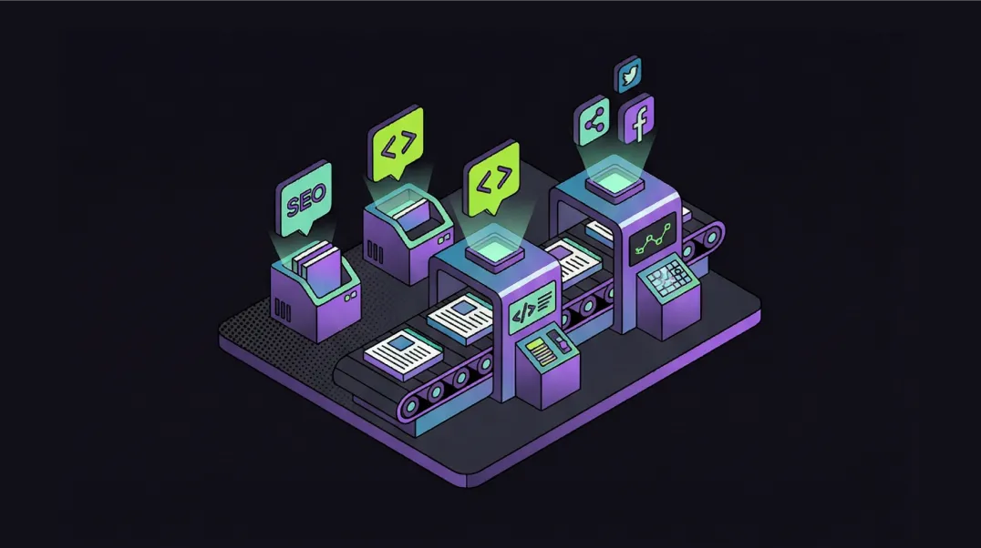 Isometric illustration of a SaaS content production pipeline showing optimised pages published to CMS for search ranking.