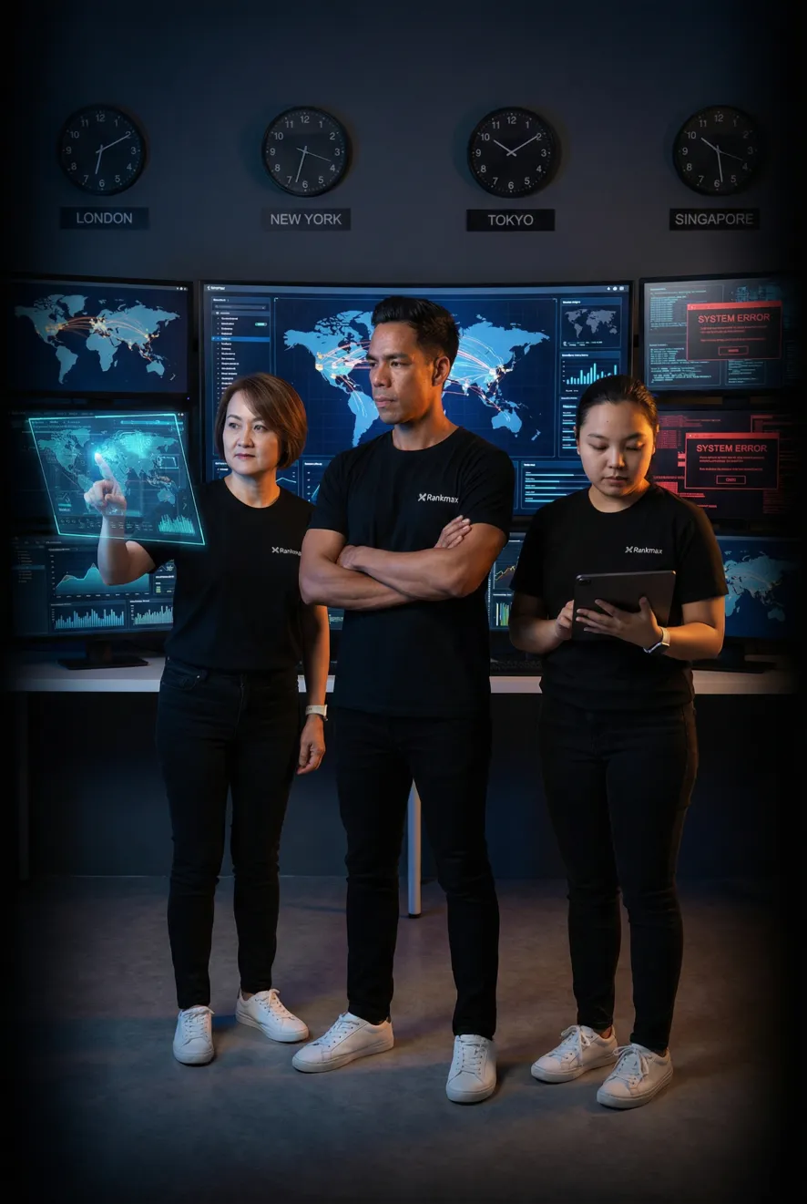 Rankmax team analysing international SEO performance data across multiple country markets in a strategic war room setting.