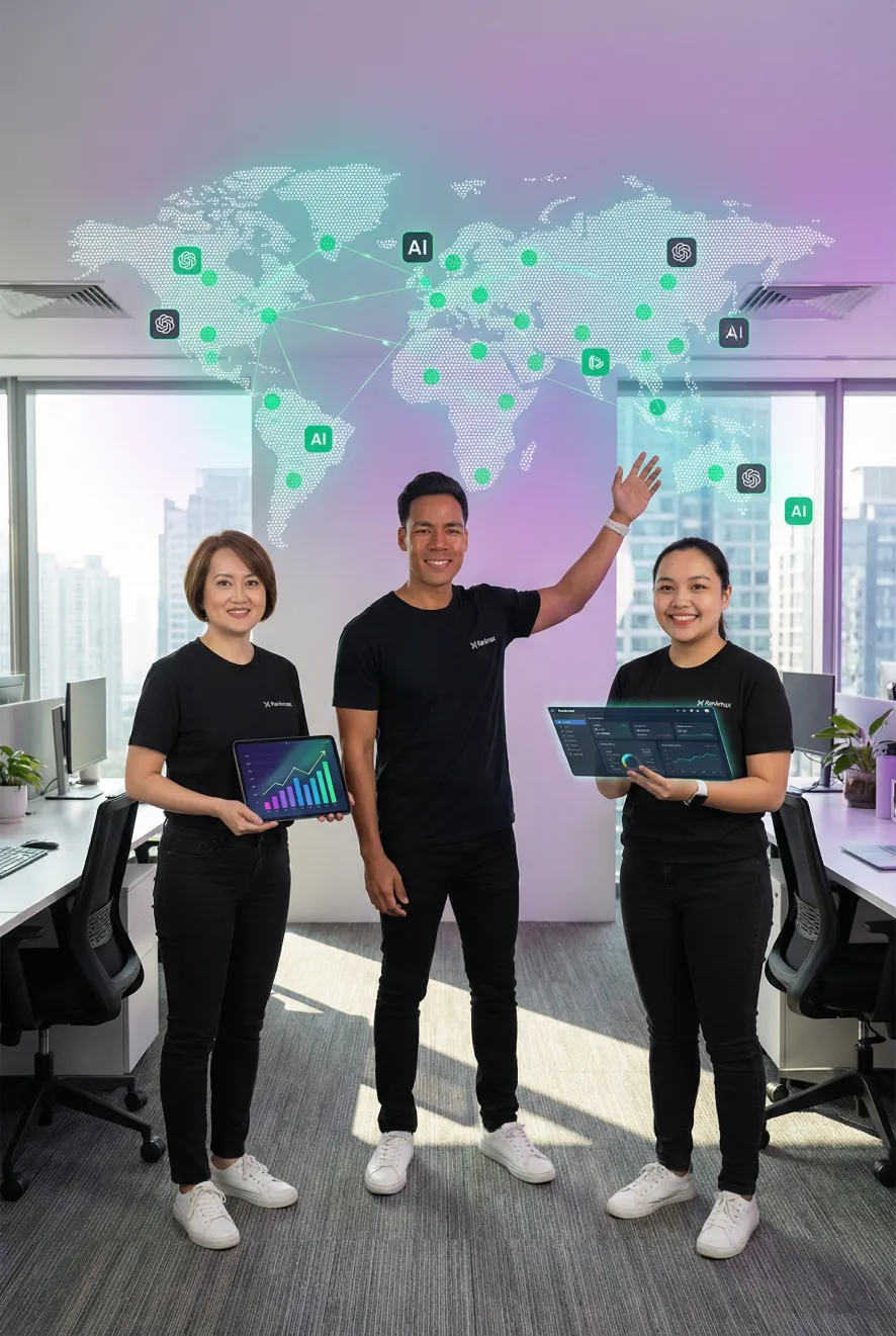 Rankmax international SEO company team collaborating on a global search strategy with a connected world map and an AI platform dashboard.