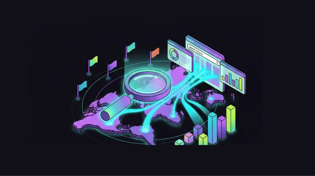 Isometric illustration of international SEO keyword research across multiple country markets with search data dashboards and a global map.