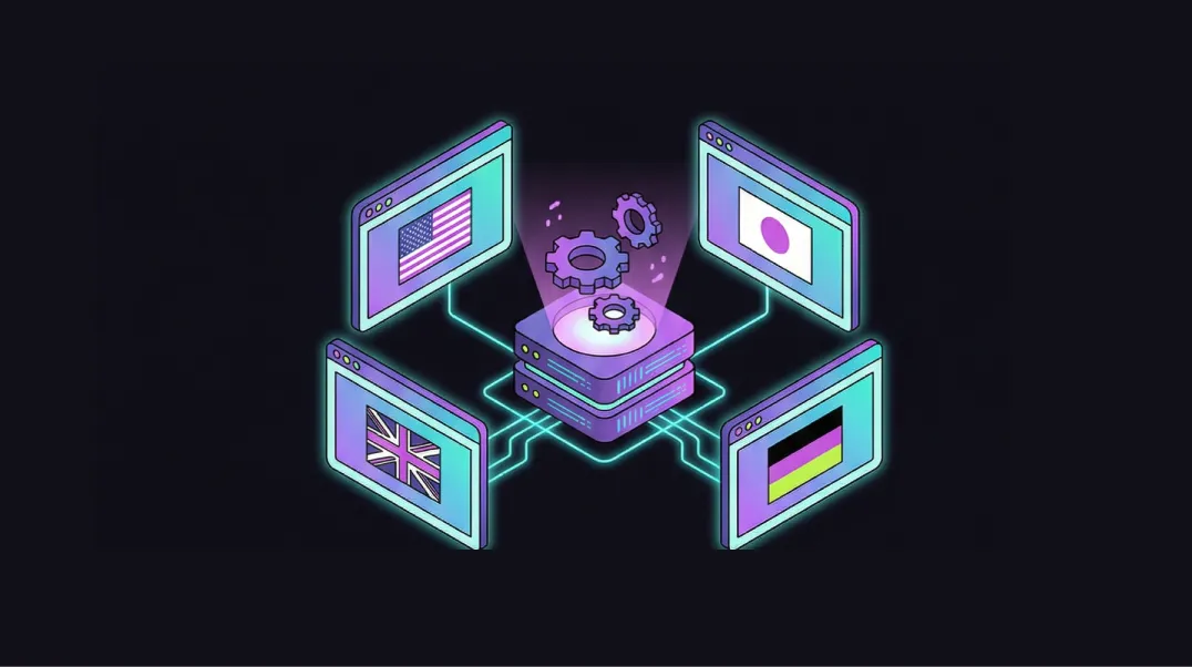 Isometric illustration of a technical international SEO setup showing hreflang connections between country-specific website versions