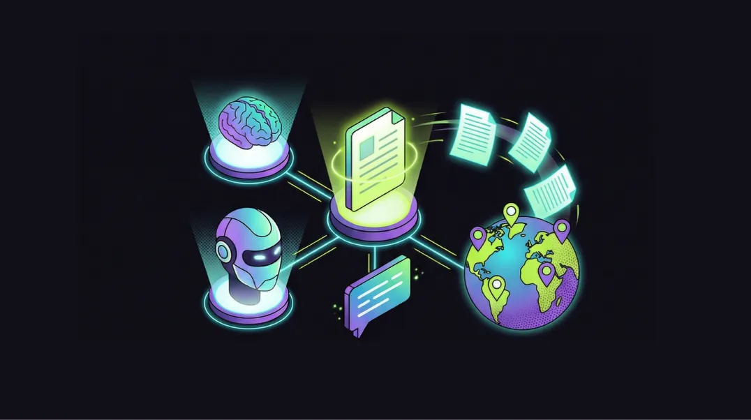 Isometric illustration of AI-optimised content creation for international markets with connections to AI search platforms and regional targets.