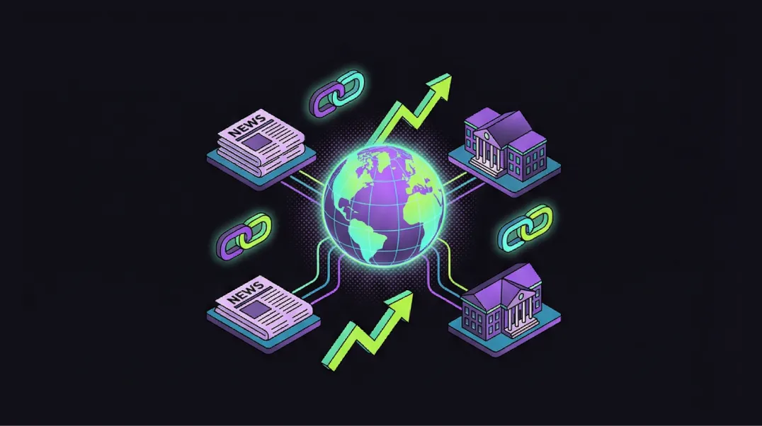 Isometric illustration of an international link-building campaign with authority connections radiating from a central globe to regional publications.
