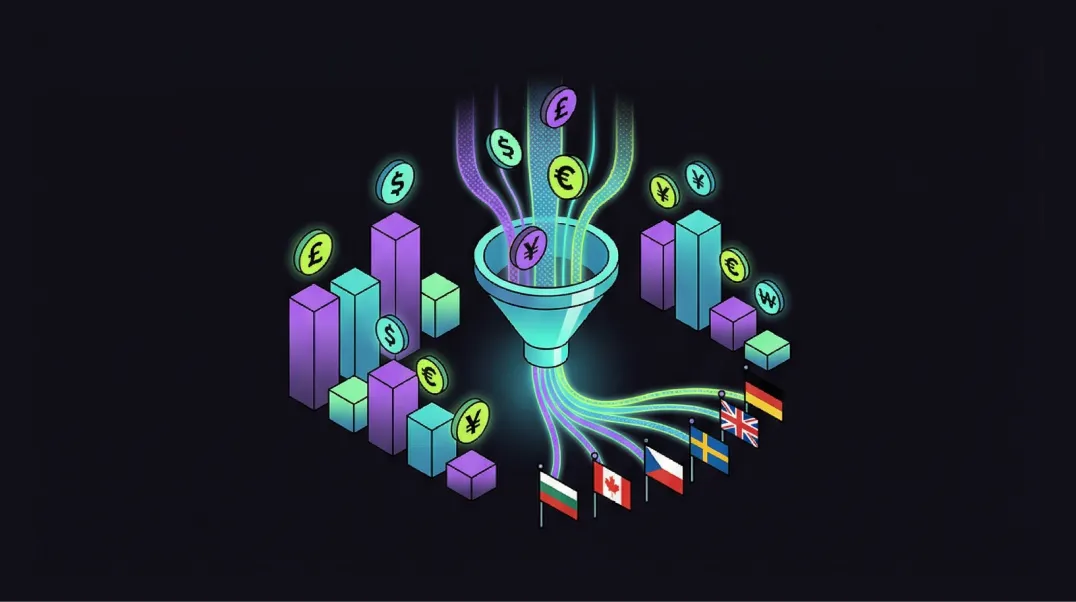Isometric illustration of a multi-market revenue attribution dashboard showing organic search performance tracked to conversions by country.