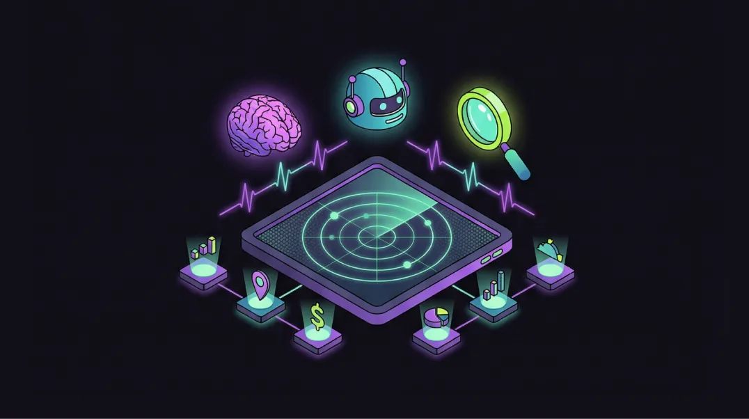 Isometric illustration of AI search monitoring radar tracking brand visibility across ChatGPT, Perplexity and AI Overviews in global markets.