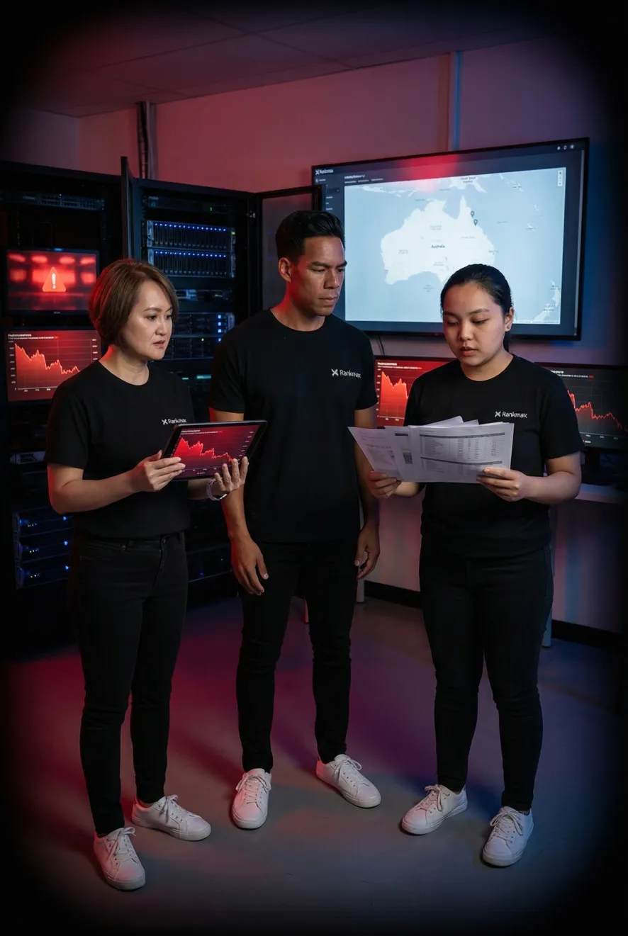 Rankmax team analysing national SEO performance data in a tech environment with search visibility dashboards and ranking reports.