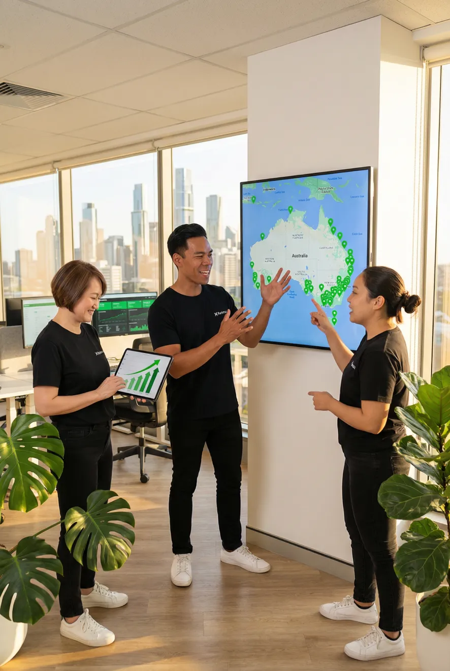 Rankmax team collaborating on national SEO strategy with Australia-wide search visibility map showing growth results.