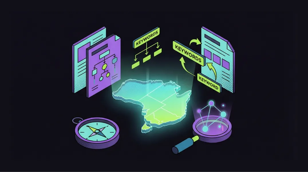 Isometric illustration of AI SEO strategy planning with a holographic map of Australia and keyword cluster diagrams.