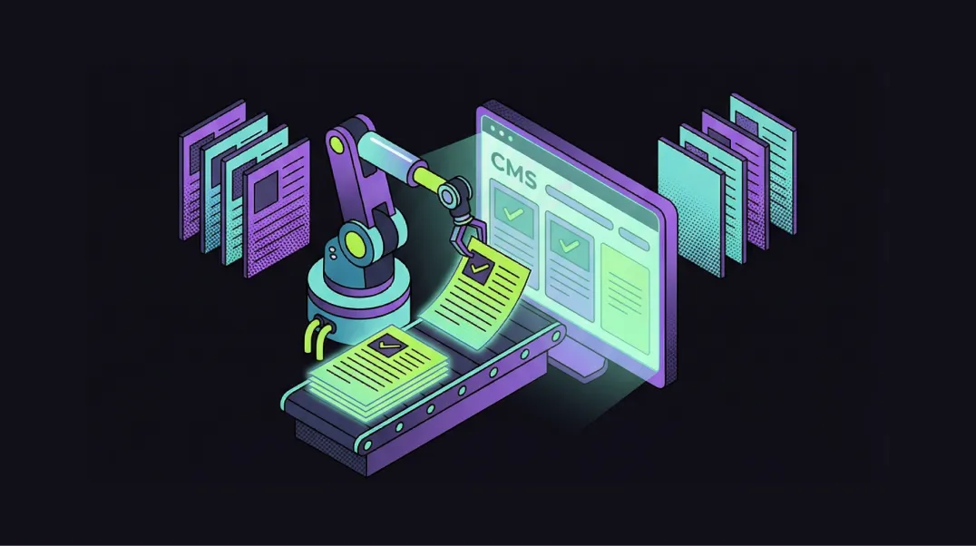 Isometric illustration of scaled content production line with optimised articles being published to a CMS platform.