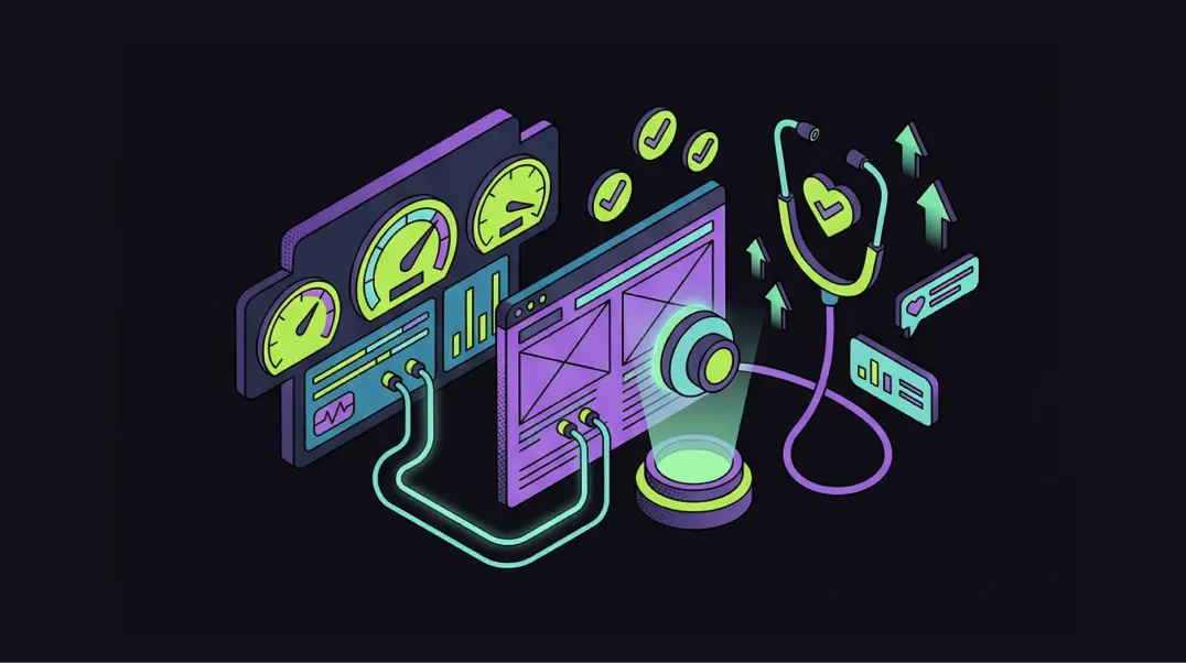 Isometric illustration of a technical SEO health dashboard with speed gauges and website diagnostic scanner tools.