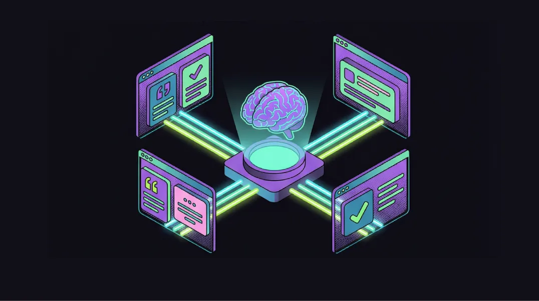 Isometric illustration of an AI platform optimisation hub connecting content to multiple AI search platform interfaces.